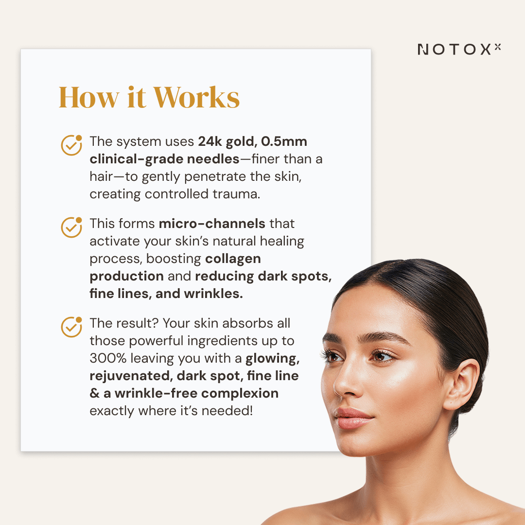 Notoxx InfuseRx How It Works Explanation. text and a woman's face on a beige background.