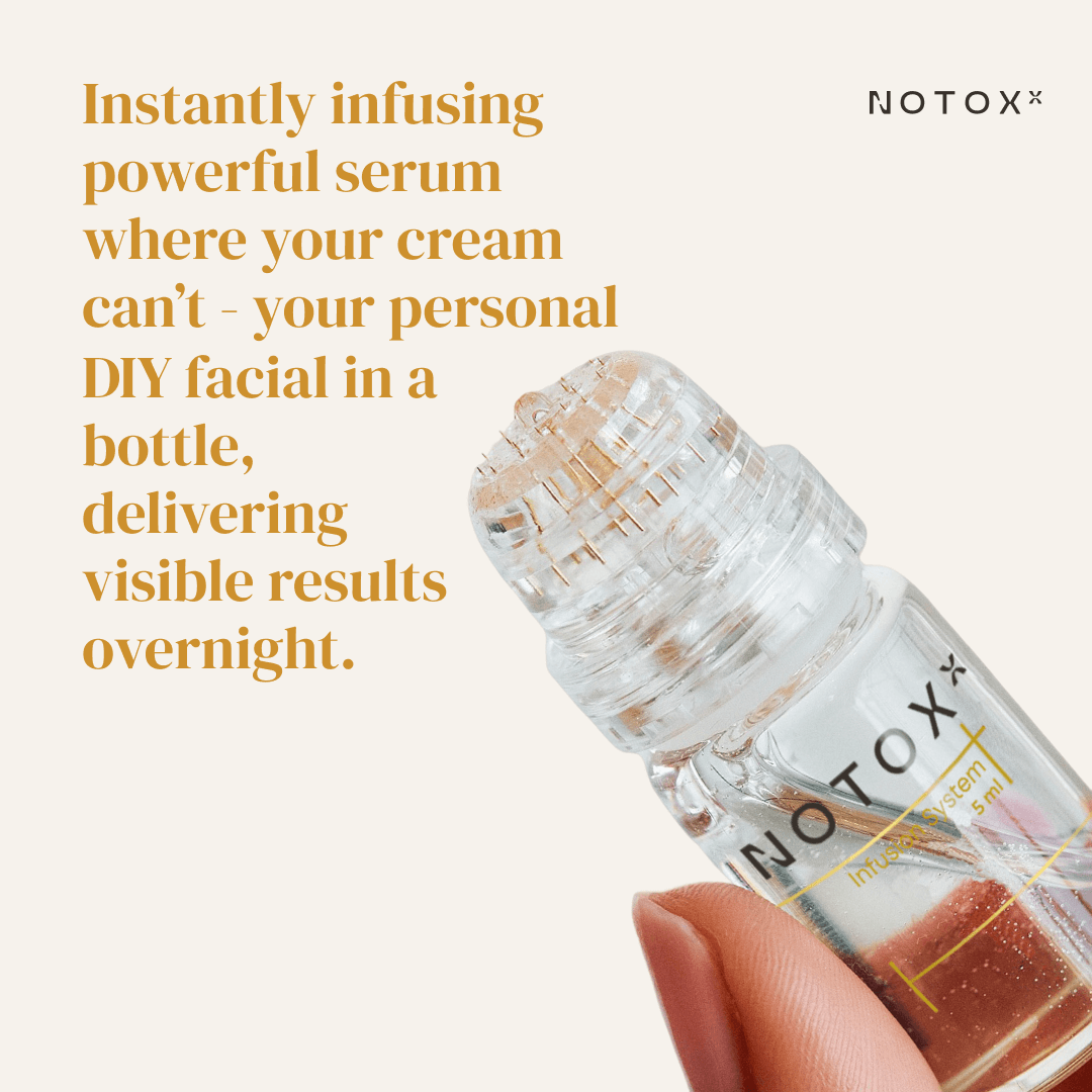 Notox serum bottle with text about its effectiveness