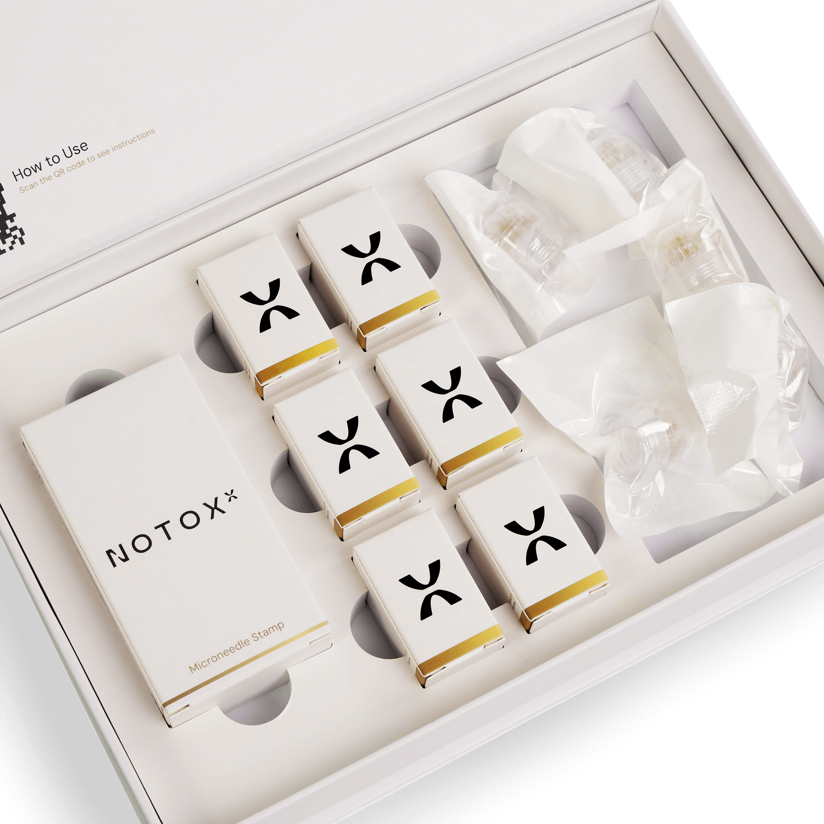 Notox three month kit packaging with six serum boxes, one microneedle box and five replacement needle heads