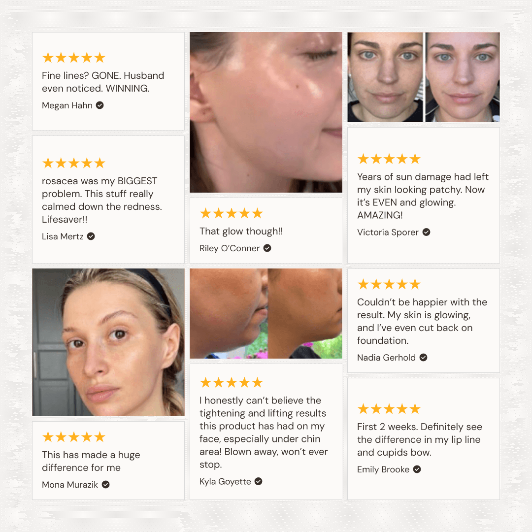 Product reviews with before and after images on a white background